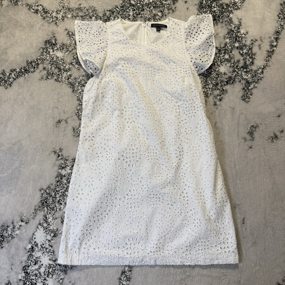 Banana Republic Dress‎ Womens Size 8 White Eyelet Mini 100% Cotton Short Sleeve